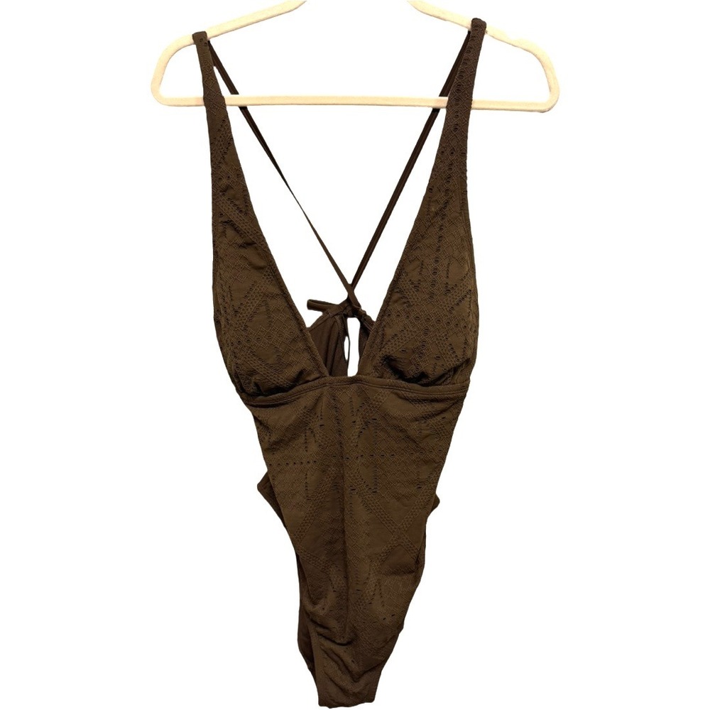 Shade & Shore Brown Textured One Piece Swimsuit L 12-14 Plunge Tie Back Boho